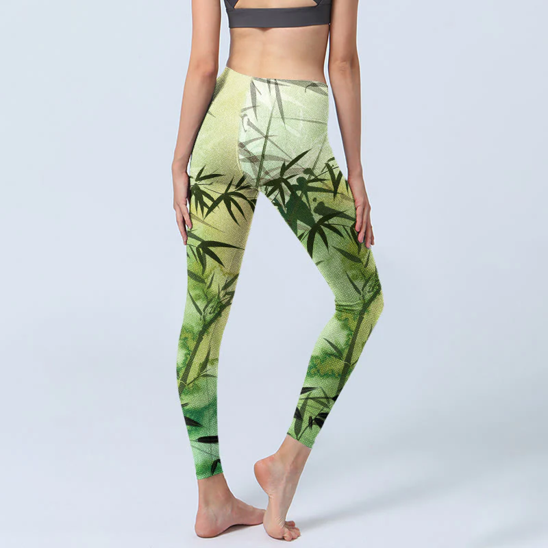 Buddha Stones Blooming Bamboo Pattern Print Gym Leggings Women's Yoga Pants