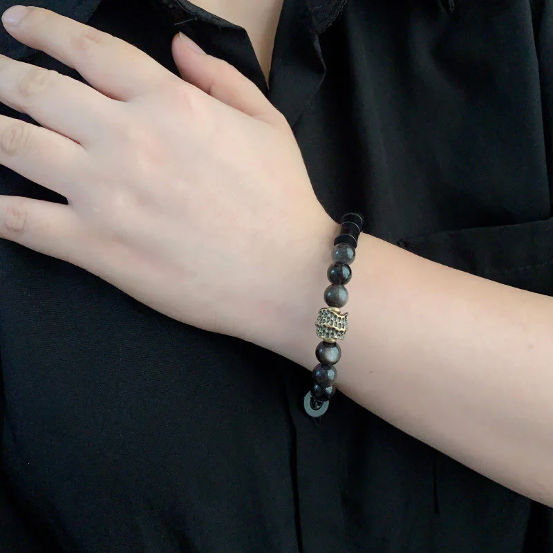Buddha Stones Silver Sheen Obsidian Ebony Protection Bracelet