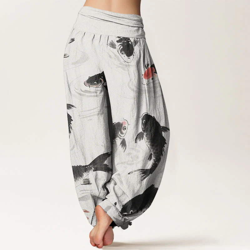 Buddha Stones Casual Koi Fish Pattern Women's Elastic Waist Harem Pants