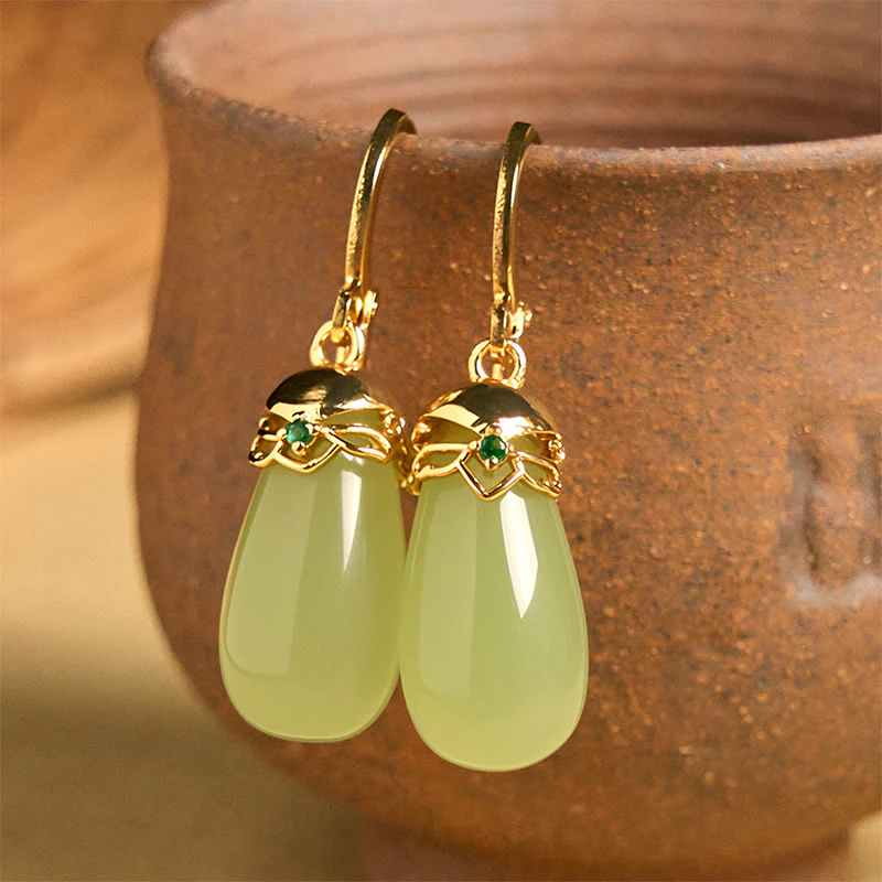 Buddha Stones Green Chalcedony Water Drop Strength Copper Posts Earrings