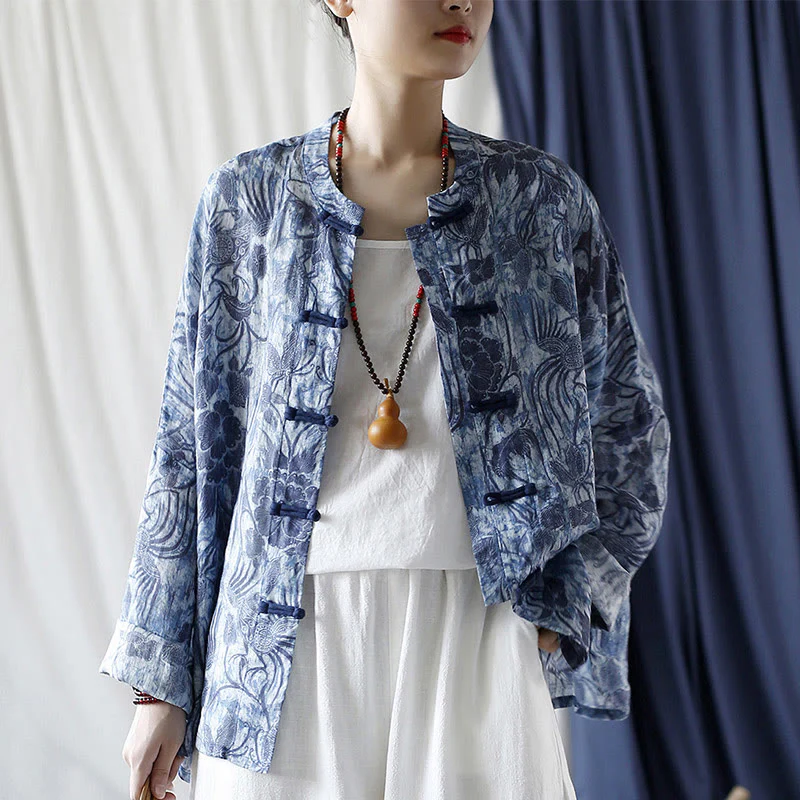 Buddha Stones Retro Blue White Flowers Frog-Button Design Long Sleeve Ramie Linen Jacket Shirt