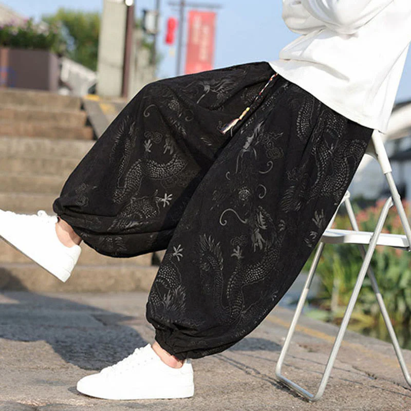 Buddha Stones Dragon Design Casual Plain Cotton Men's Pants With Pockets