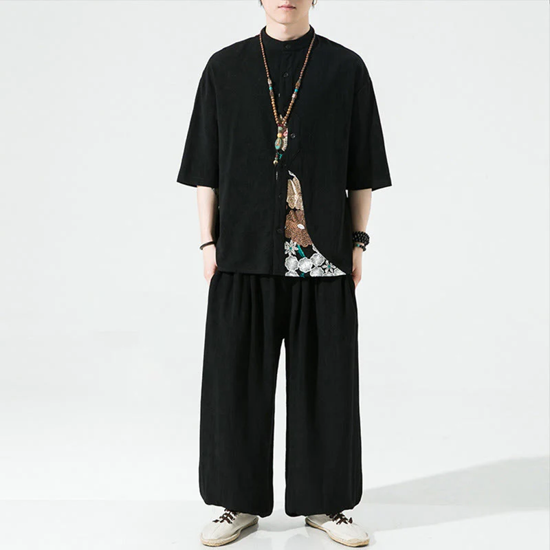 Buddha Stones Embroidery Patchwork Simple Design Three Quarter Sleeve Men's Cotton Linen Shirt