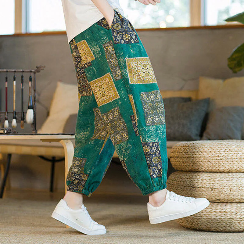 Buddha Stones Summer Square Patchwork Cotton Linen Men's Ankle-Length Harem Pants With Pockets