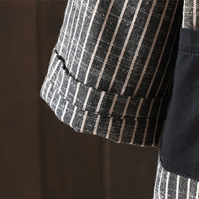 Buddha Stones Splicing Stripes Women's Cotton Linen Jacket With Pockets