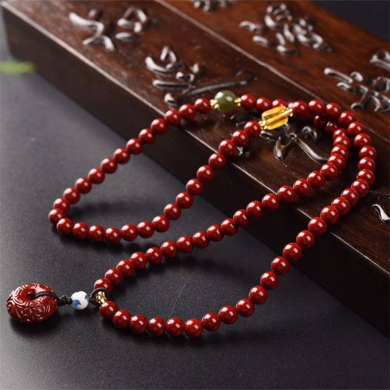 Buddha Stones Tibetan Cinnabar Peace Buckle Triple Wrap Blessing Bracelet Mala