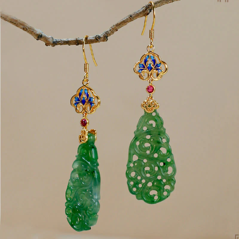 Buddha Stones Hollow Hetian Jade Enamel 925 Sterling Silver Prosperity Earrings