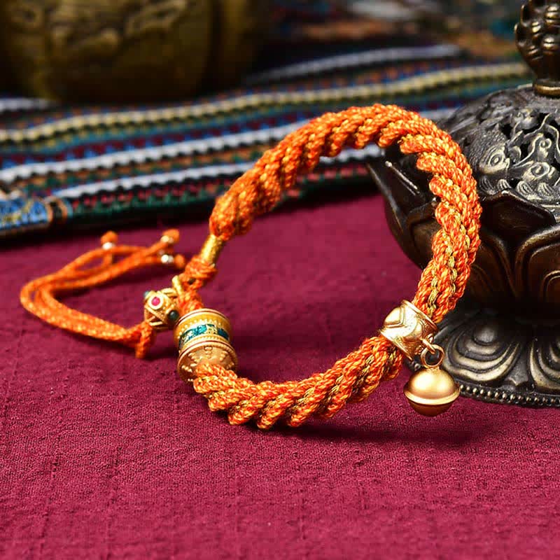 Buddha Stones Tibetan Handmade Luck Protection Thangka Prayer Wheel Bell Charm Braid String Bracelet