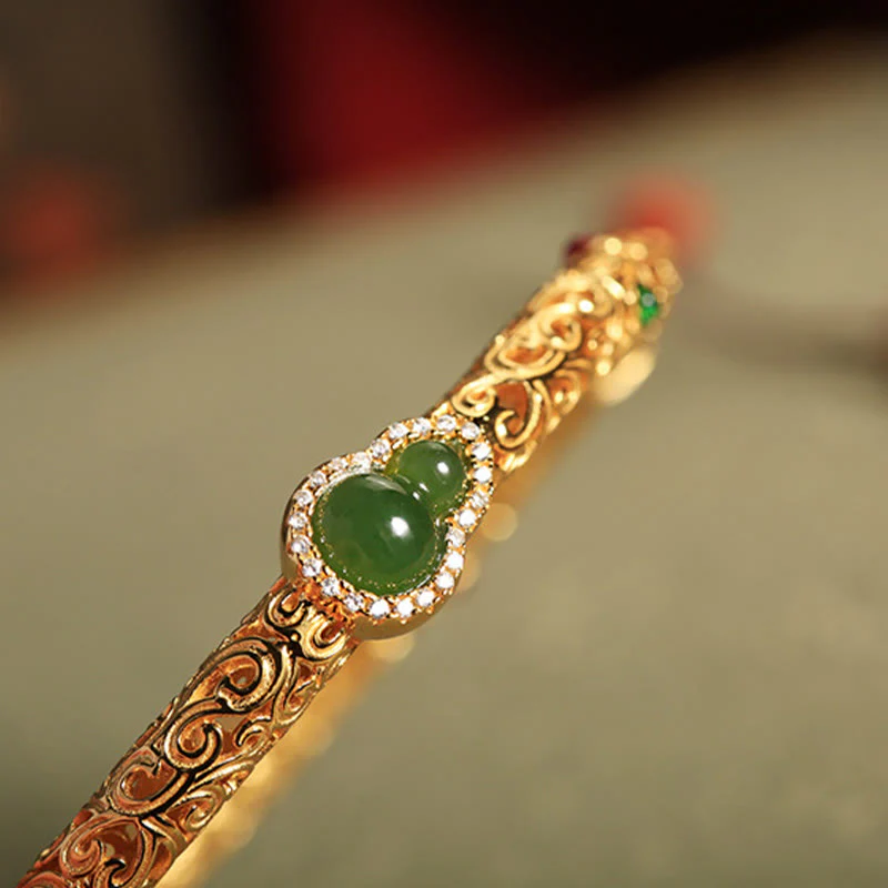 Buddha Stones Cyan Jade Copper Plated Gold Auspicious Clouds Gourd Luck Bracelet Bangle