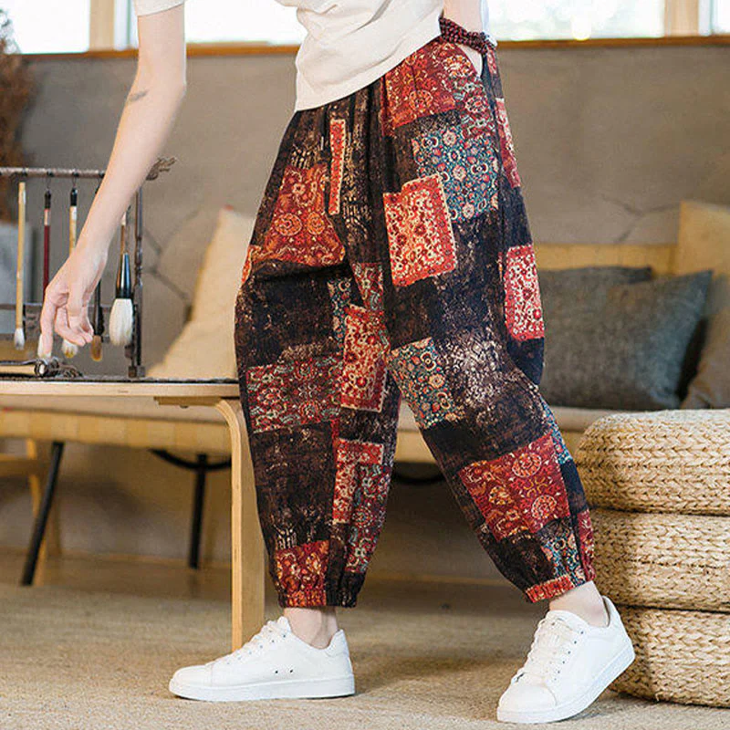 Buddha Stones Summer Square Patchwork Cotton Linen Men's Ankle-Length Harem Pants With Pockets