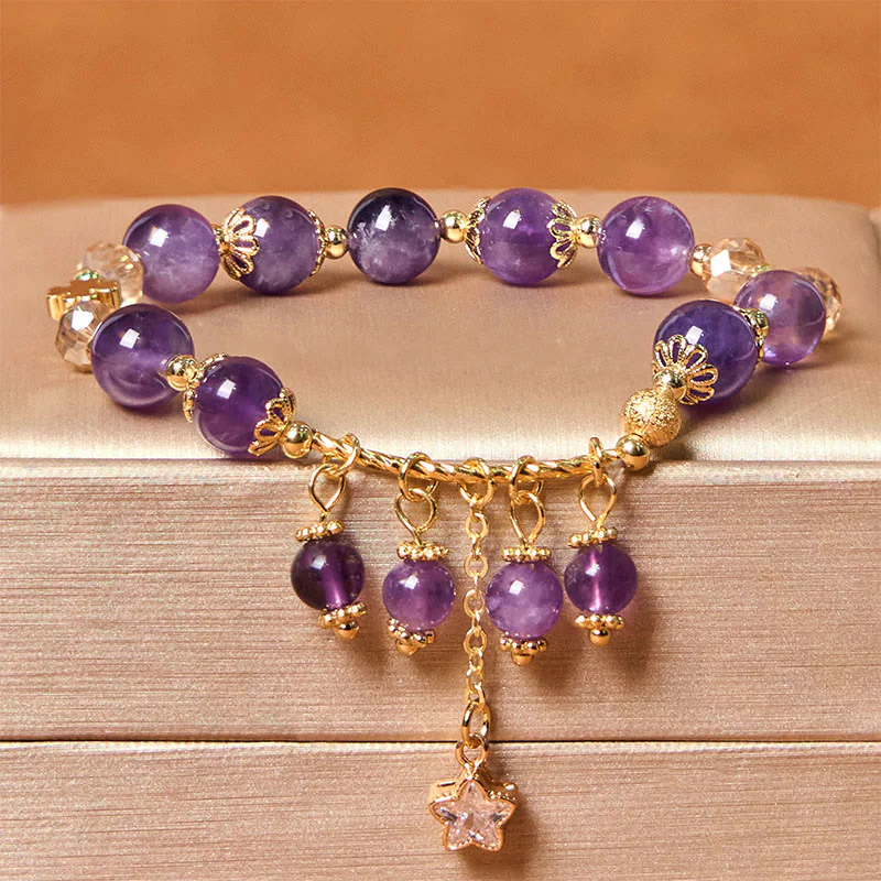 Buddha Stones Natural Amethyst Four Leaf Clover Star Peace Bracelet