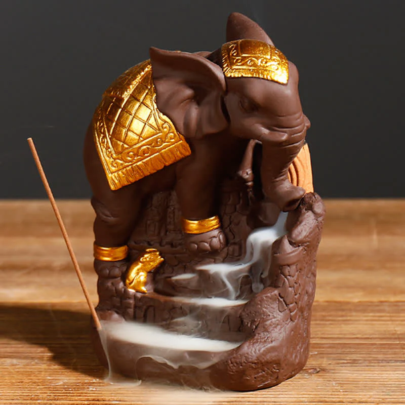 Buddha Stones Tibetan Elephant Purple Clay Backflow Smoke Fountain Peace Healing Incense Burner Decoration