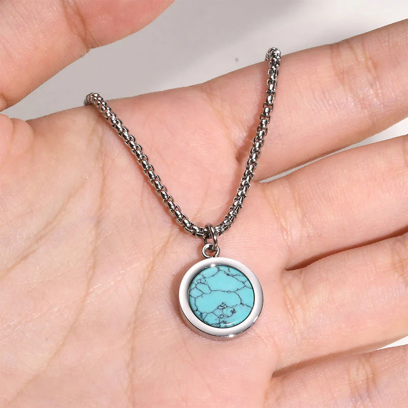 Buddha Stones Natural Stone Turquoise Tiger Eye  Lazurite Malachite Titanium Steel Purification Necklace Pendant