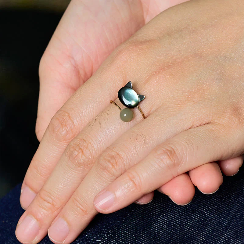 Buddha Stones Black Tridacna Stone Cat Jade Blessing Adjustable Ring