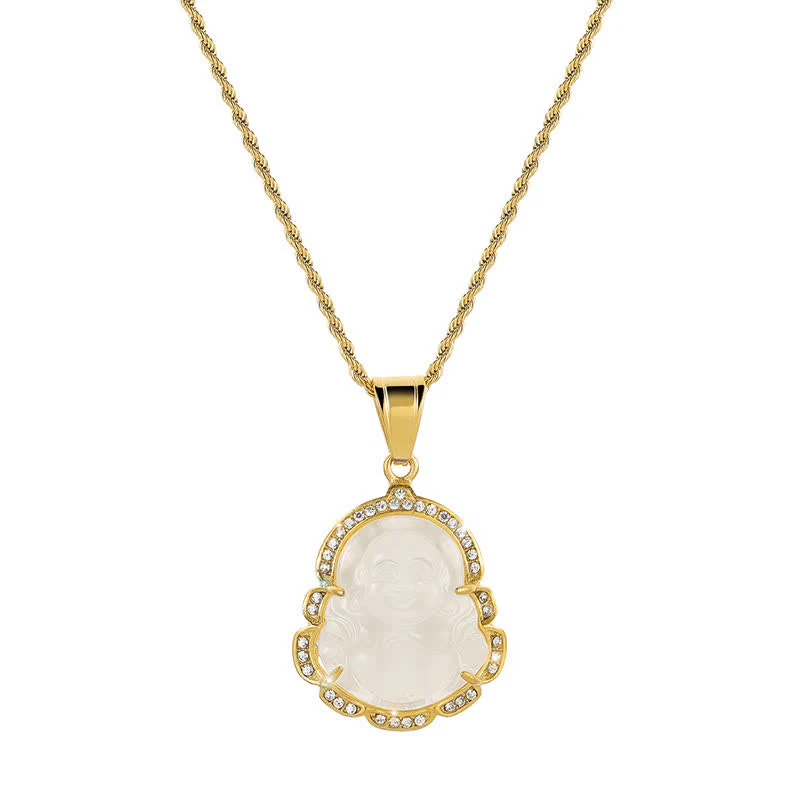 Buddha Stones 18K Gold Filled Laughing Buddha Jade Luck Necklace Chain Pendant