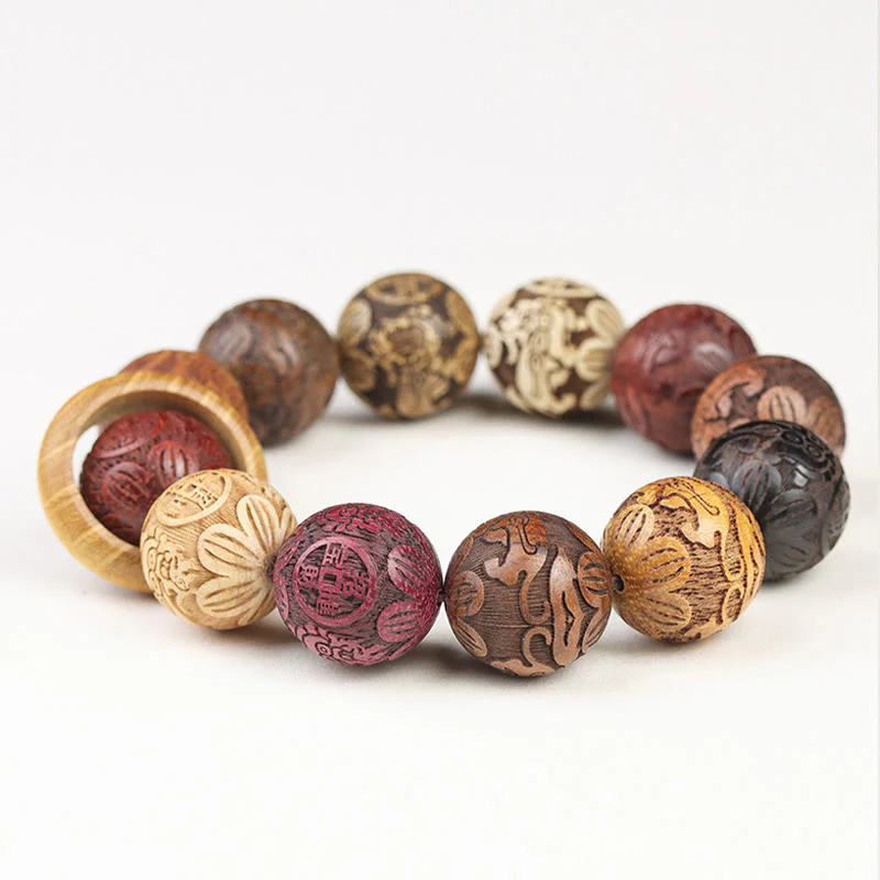 Buddha Stones Carving Sandalwood Chinese Zodiac Auspicious Dragon Phoenix Fu Character Healing Bracelet