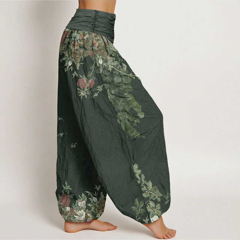 Buddha Stones Casual Red Peony Flower Vine Design Women's Elastic Waist Harem Pants