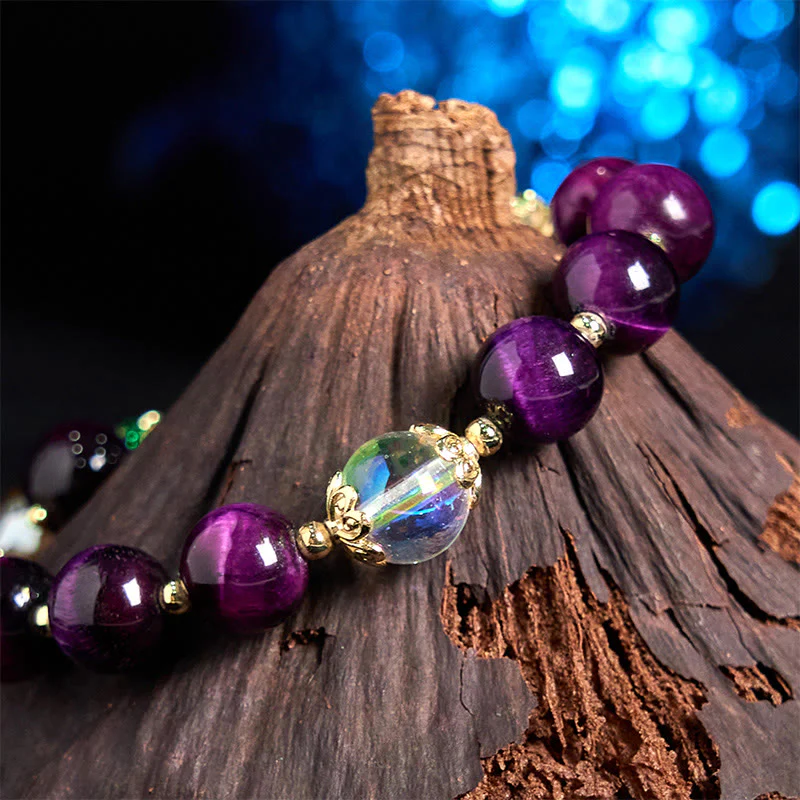 Buddha Stones Natural Red Tiger Eye Purple Tiger Eye Beads Green Leaf Protection Bracelet