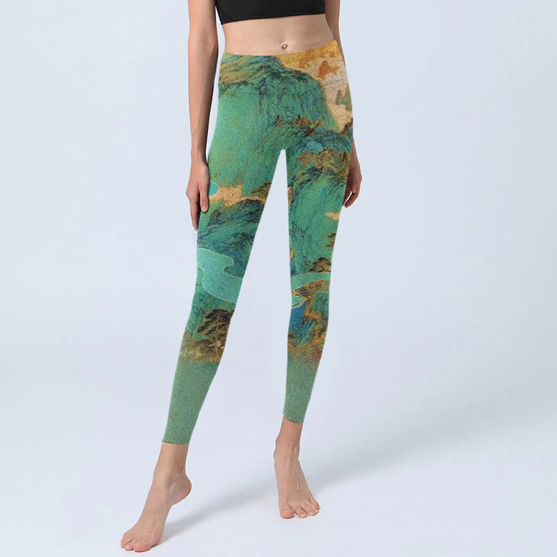 Buddha Stones Chinese Style Green Mountains Landscape Print Lycra Fabric Fitness Leggings Women's Yoga Pants