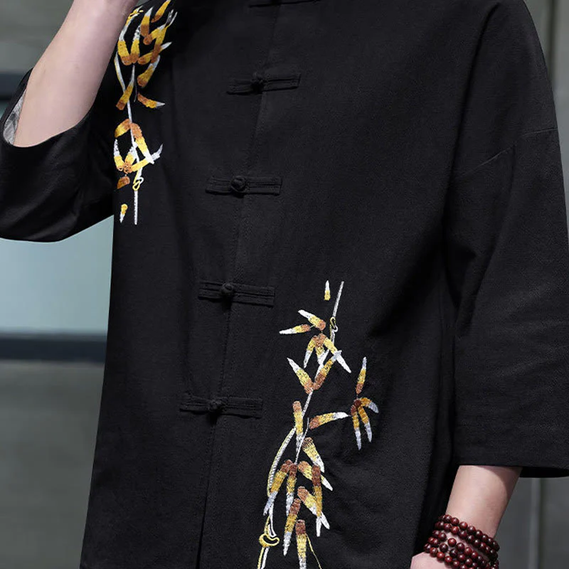 Buddha Stones Embroidery Men's  Chinese Frog-Button Three Quarter Sleeve Shirt Clothing