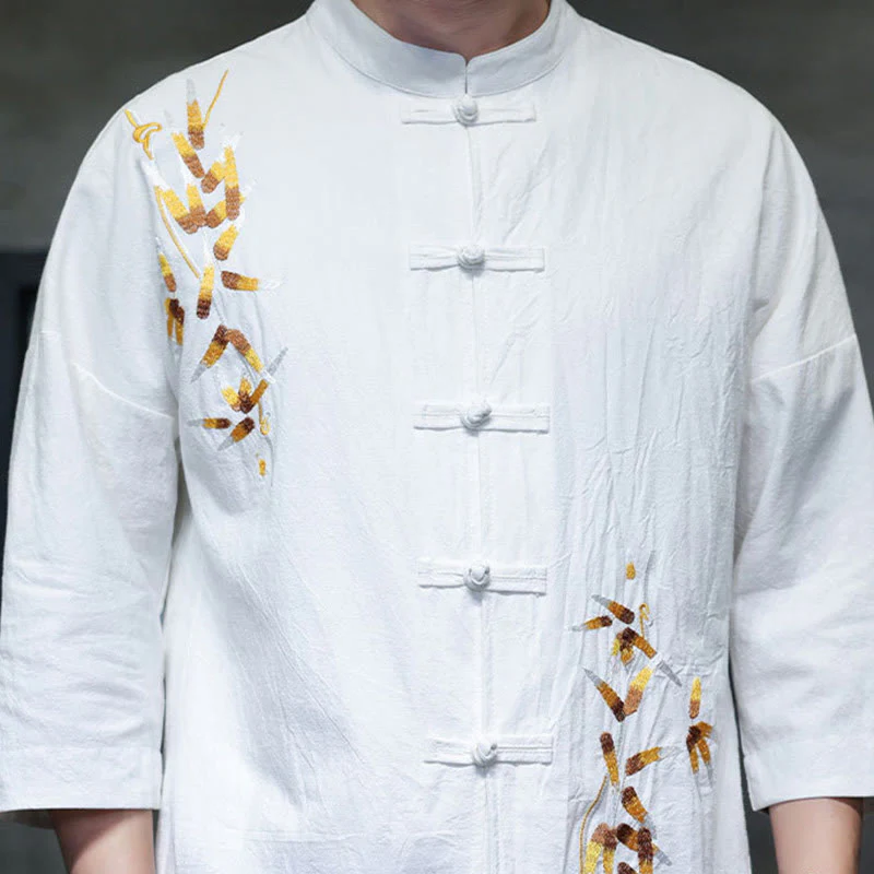 Buddha Stones Embroidery Men's  Chinese Frog-Button Three Quarter Sleeve Shirt Clothing