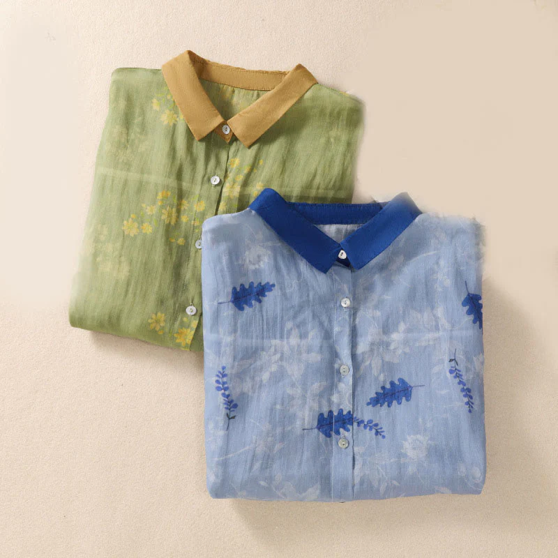 Buddha Stones Small Yellow Flower Leaves Buttons Short Sleeve Women's Shirt