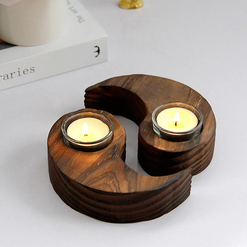 Buddha Stones Yin Yang Wood Candle Holder Meditation Rituals Use Items
