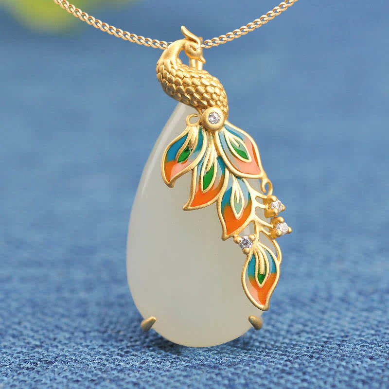 Buddha Stones White Jade Peacock Protection Necklace Chain Pendant