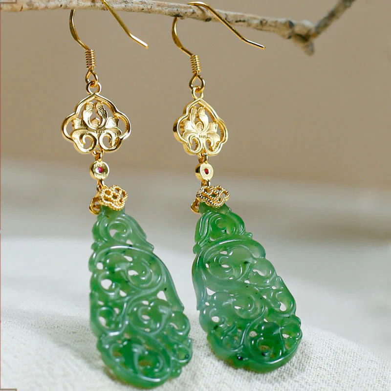 Buddha Stones Hollow Hetian Jade Enamel 925 Sterling Silver Prosperity Earrings