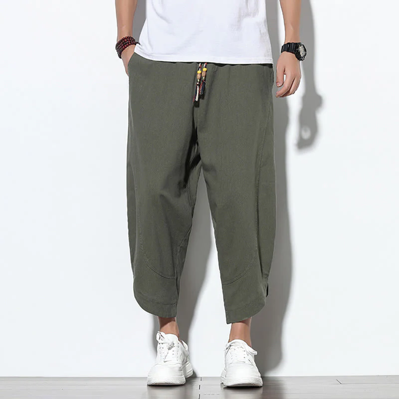 Buddha Stones Casual Summer Drawstring 7-8 Length Linen Men's Harem Pants With Pockets