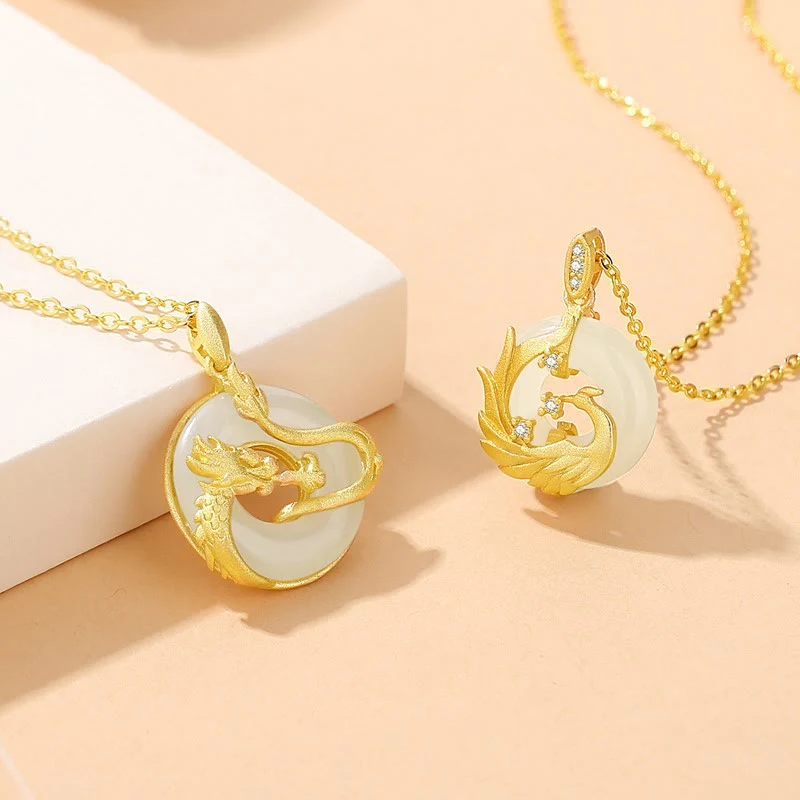 Buddha Stones 925 Sterling Silver Year of the Dragon Hetian Jade Golden Dragon Phoenix Peace Buckle Luck Necklace Pendant