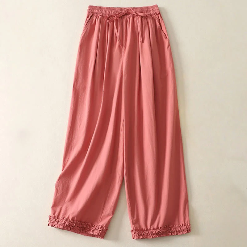 Buddha Stones Casual Ruffle Hem Patchwork Design Drawstring Ankle-length Women's Cotton Pants With Pockets
