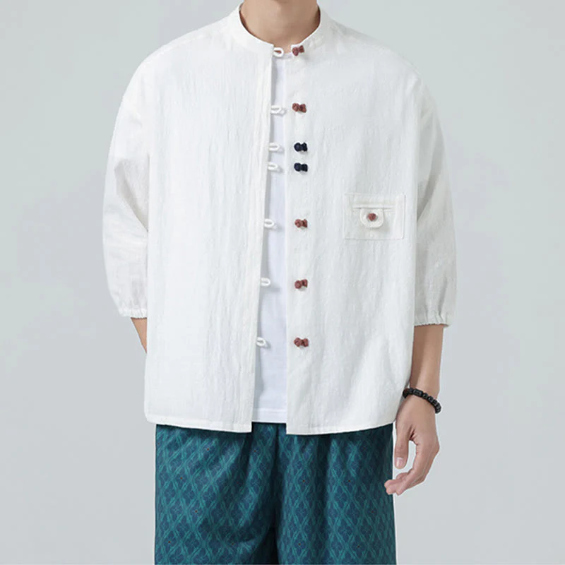 Buddha Stones Summer Frog-Button Front Stand Collar Men's Three Quarter Sleeve Cotton Shirt Cardigan With Pocket