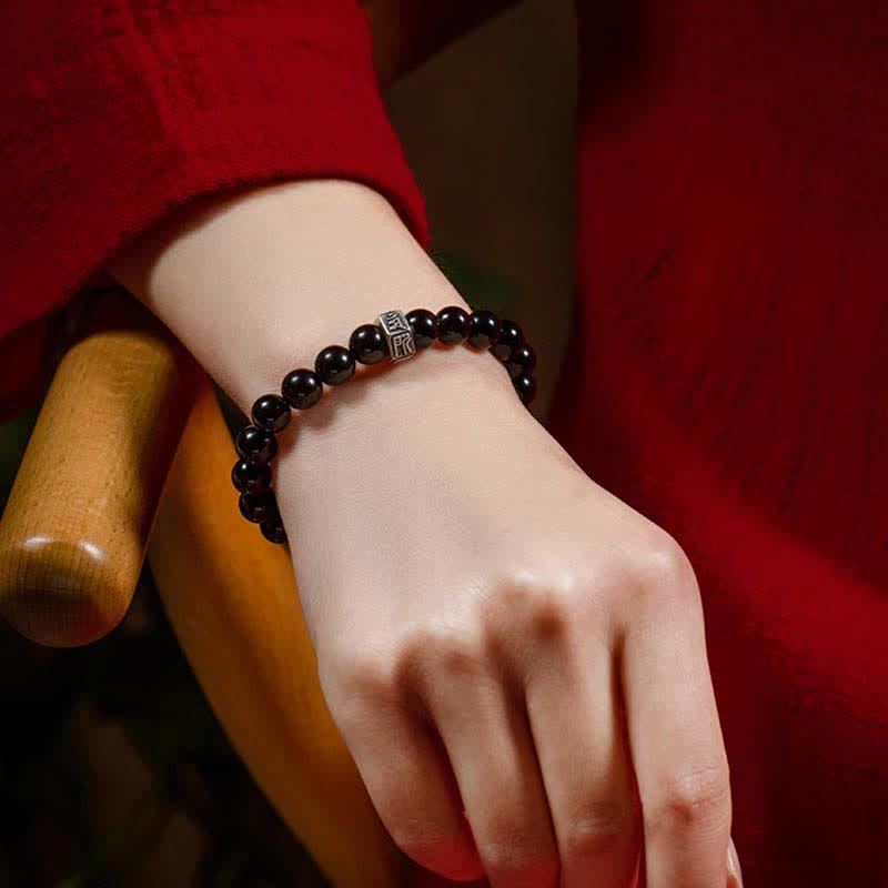 Buddha Stones Chinese Zodiac Natal Buddha 925 Sterling Silver Black Obsidian Moonstone Strength Bracelet