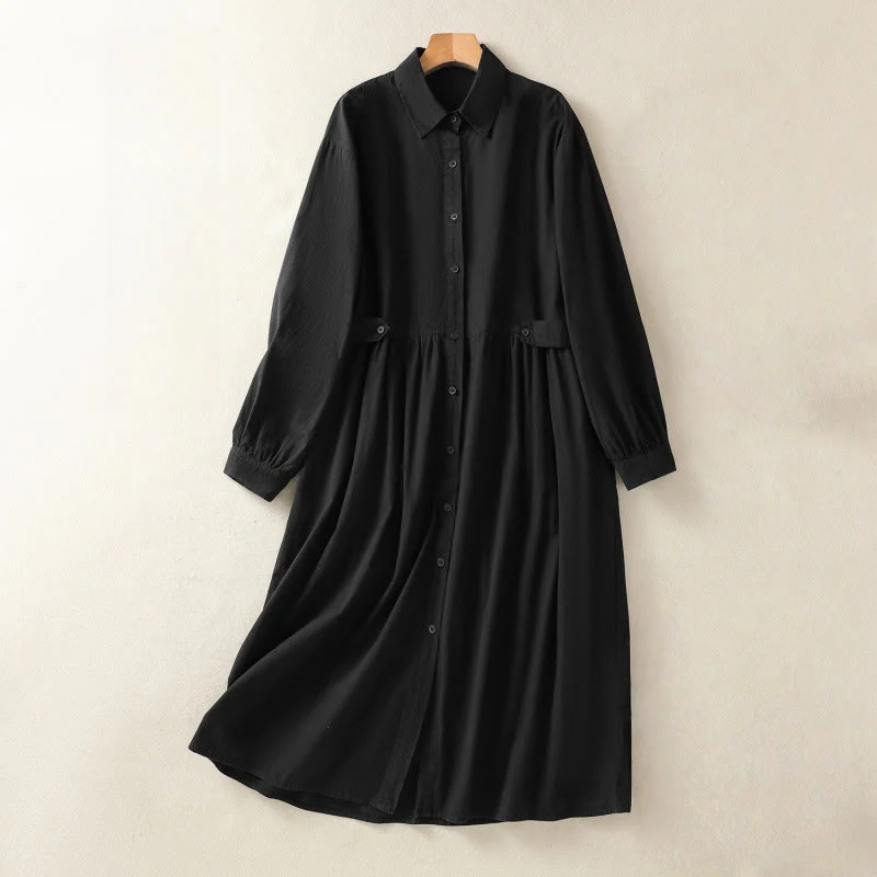 Buddha Stones Casual Plaid Pleats Buttons Design Long Sleeve Cotton Midi Dress With Pockets