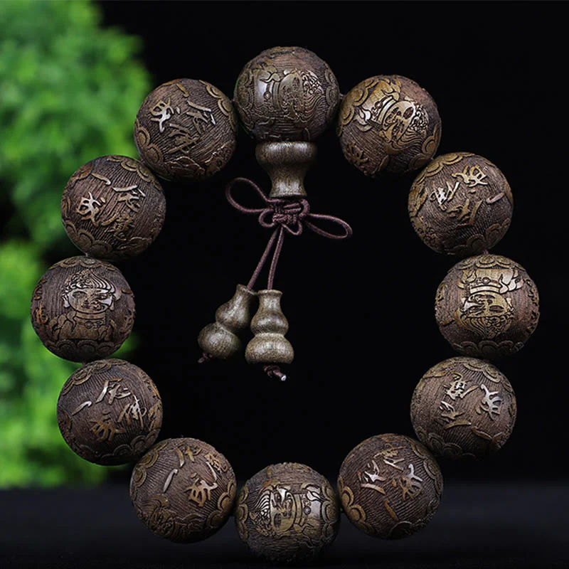 Buddha Stones Chinese Zodiac Rosewood Ebony Copper Coin PiXiu Carved Warmth Bracelet