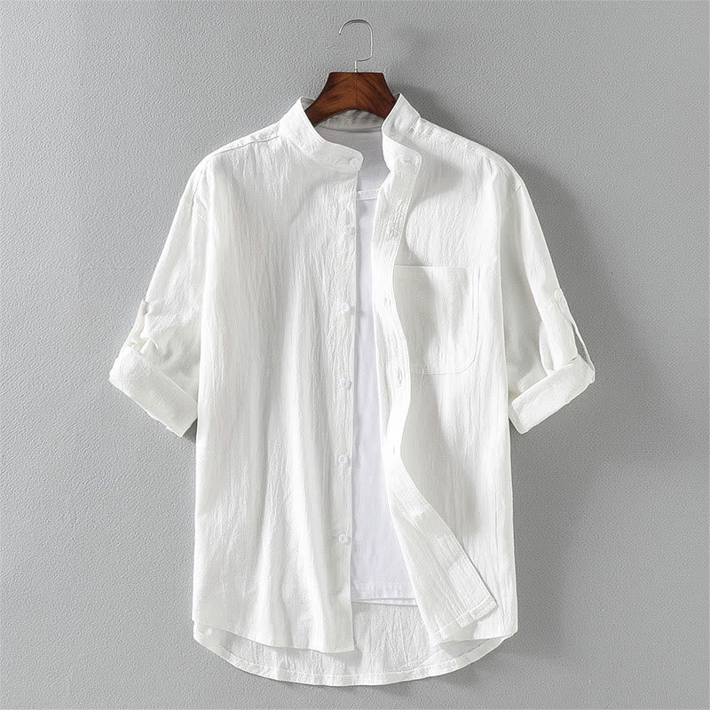 Buddha Stones Summer Solid Men's Buttons Half Sleeve Cotton Linen Shirt