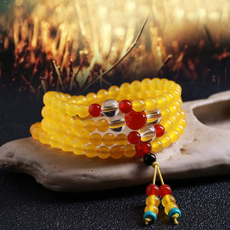 Buddha Stones 108 Mala Beads Yellow Chalcedony Harmony Bracelet