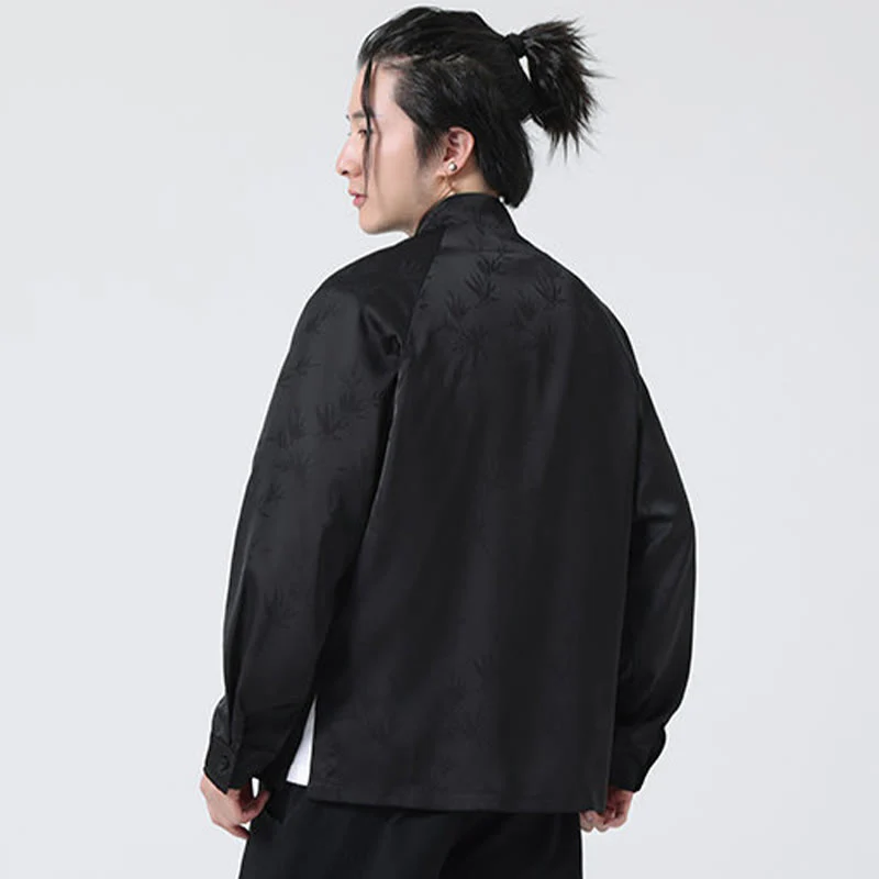 Buddha Stones Spring Jacquard Bamboo Leaves Pattern Chinese Frog-Button Design Men's Long Sleeve Shirt