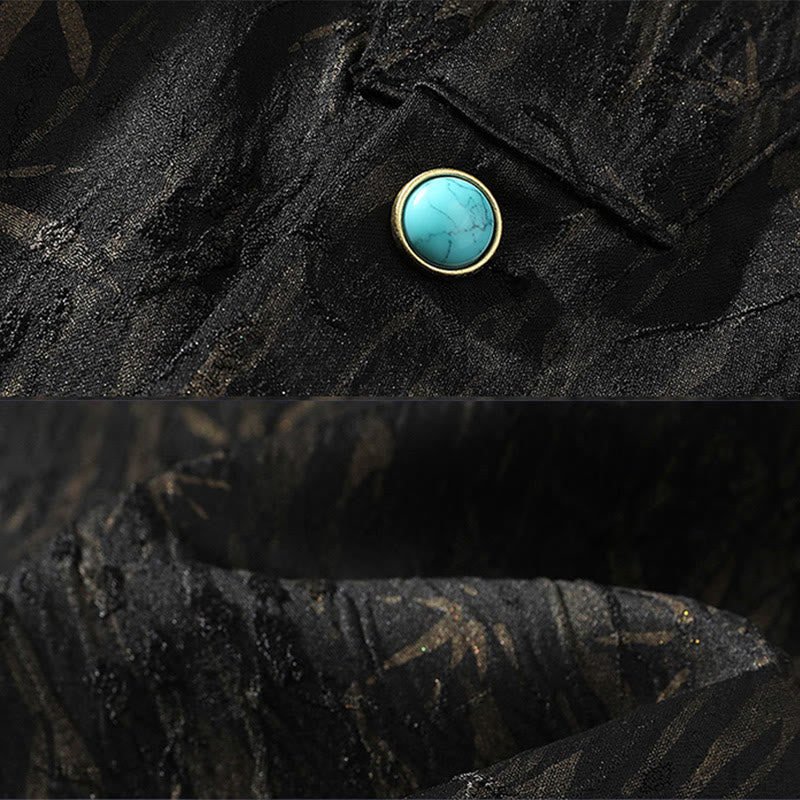 Buddha Stones Summer Golden Bamboo Jacquard Men's Half Sleeve Linen Shirt