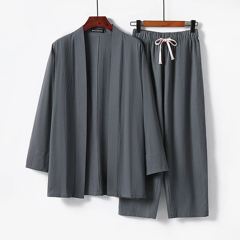 Buddha Stones 2Pcs Cotton Kimono Ankle-Length Pants Men's Meditation Cloth Set