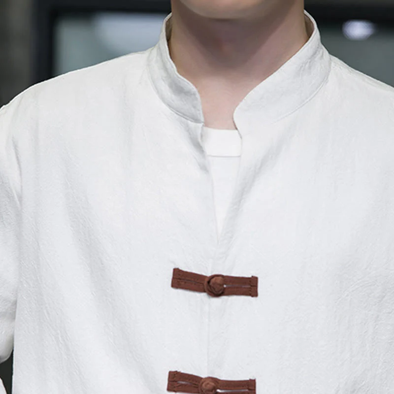 Buddha Stones Men's Stand Collar Frog-button Cotton Linen Long Sleeve Shirt With Pockets