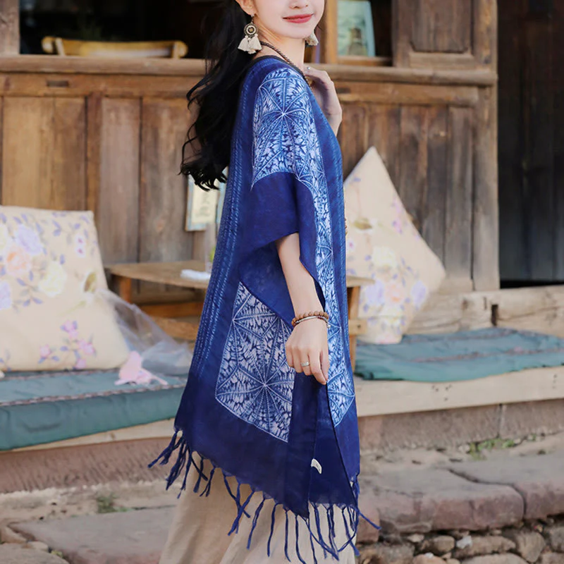 Buddha Stones Blue Geometric Stripes Batik Shawl Tassels Cozy Travel Pullover 90*95cm
