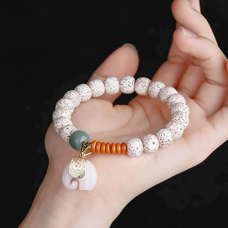 Buddha Stones Hand PolishedStar Moon Bodhi Seed Elephant Pattern Inner Peace Bracelet