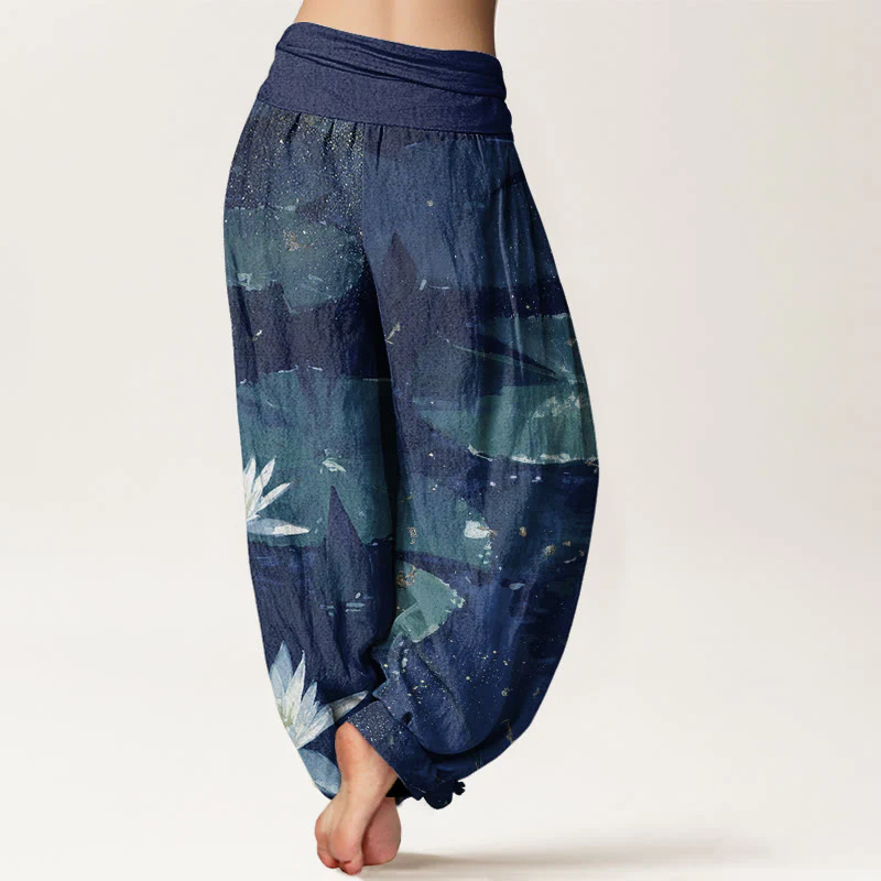 Buddha Stones Casual Lotus Leaves On The Lake Pattern Women's Elastic Waist Harem Pants