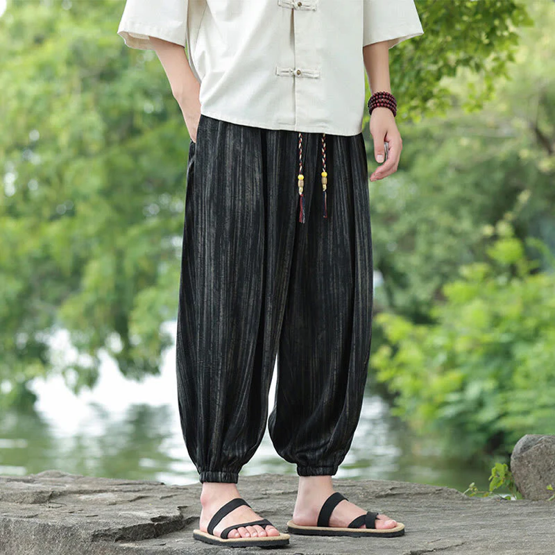 Buddha Stones Summer Black Stripes Drawstring Men's Harem Pants With Pockets