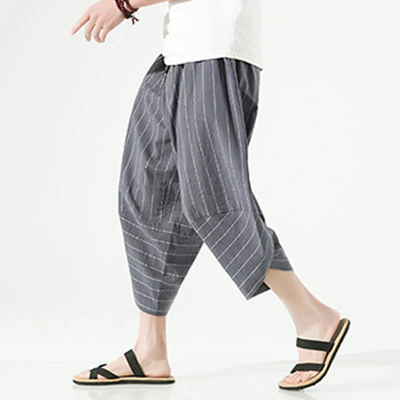Buddha Stones Casual Plain Stripes Pattern Drawstring Men's 7-8 Length Cotton Linen Harem Pants With Pockets