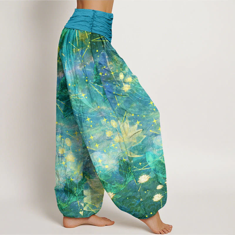 Buddha Stones Koi Fish Lotus Moon Stars Pattern Women's Elastic Waist Harem Pants