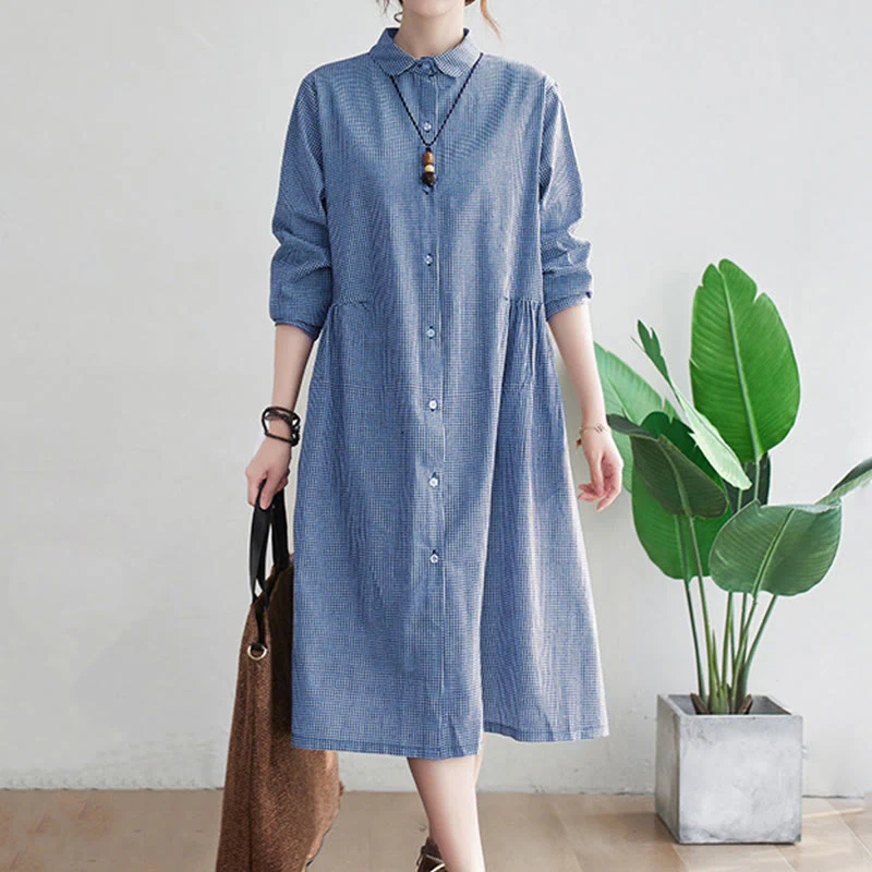 Buddha Stones Small Grid Pattern Cotton Linen Women's Midi Dress With Pockets