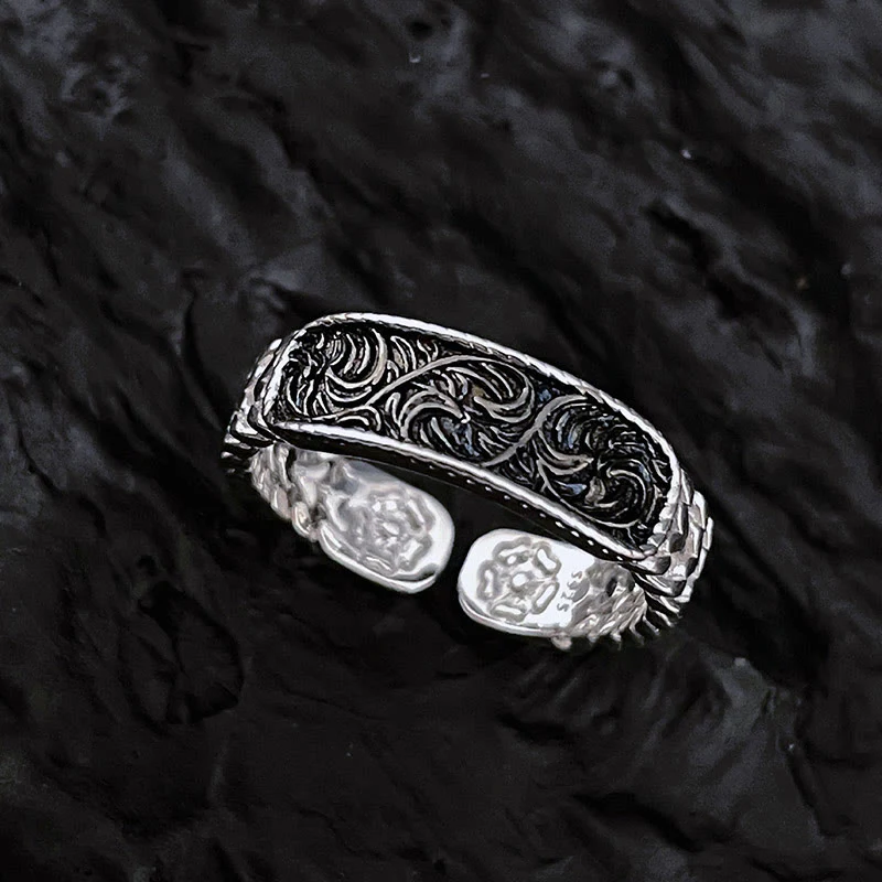 Buddha Stones Tang Dynasty Flower Design Engraved Copper Luck Cuff Bracelet Bangle Adjustable Ring